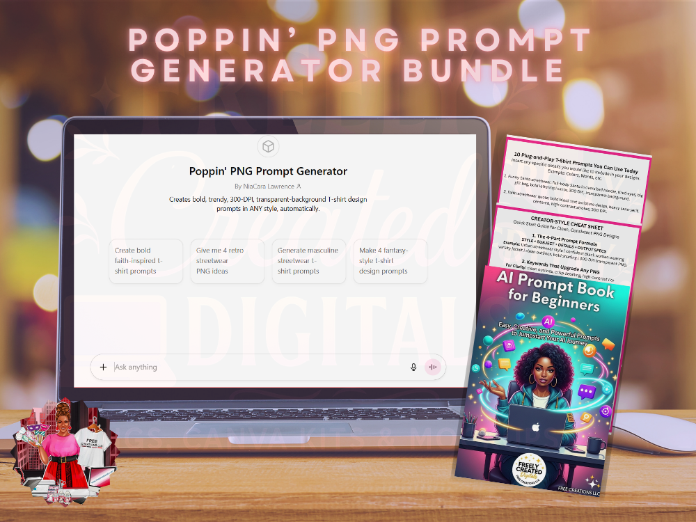 Laptop displaying 'Poppin' PNG Prompt Generator' with a book titled 'AI Prompt Book for Beginners' on a wooden surface.