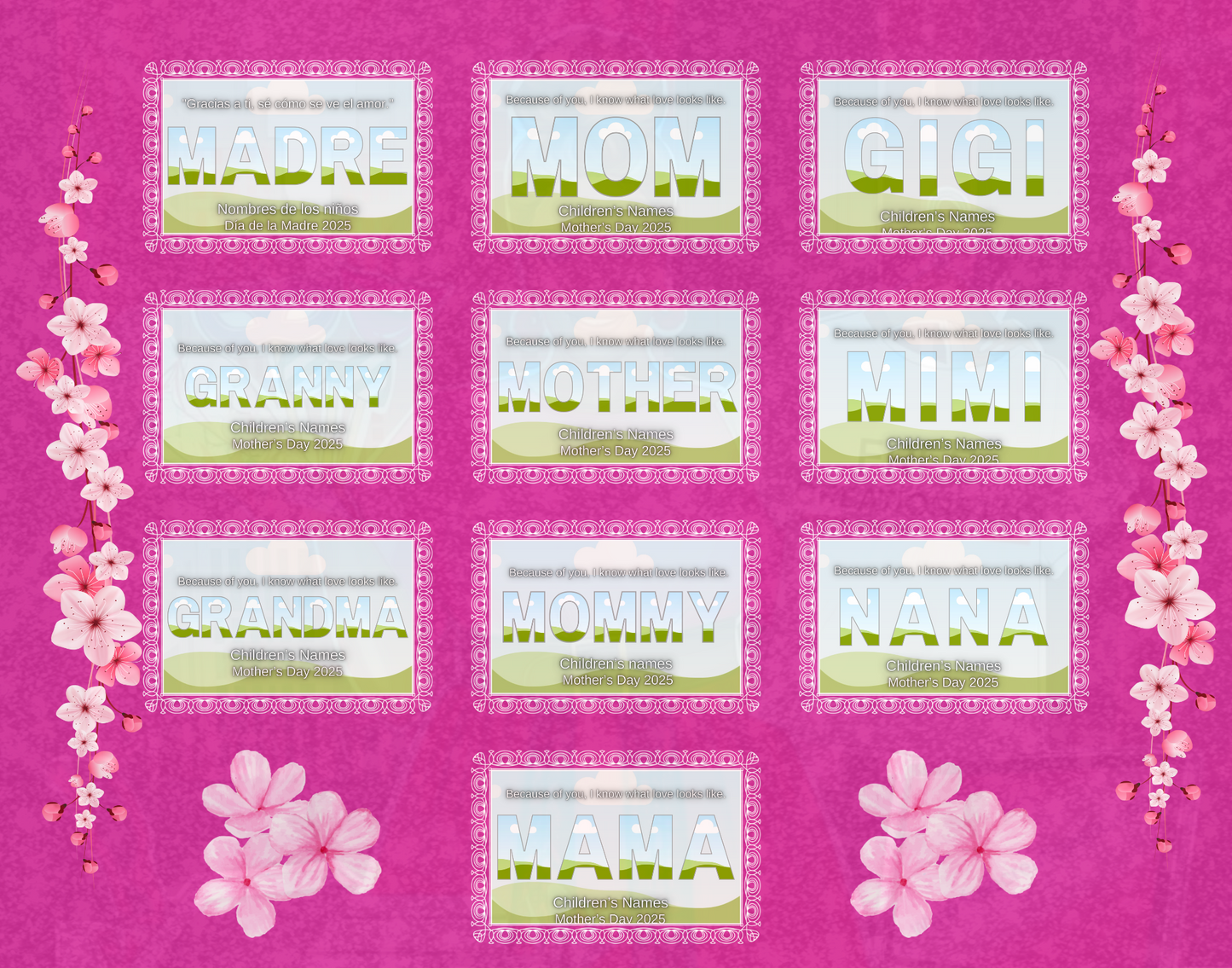 A collection of customizable picture frames with a floral pattern and the word 'MOM' highlighted in each frame, set against a pink background.