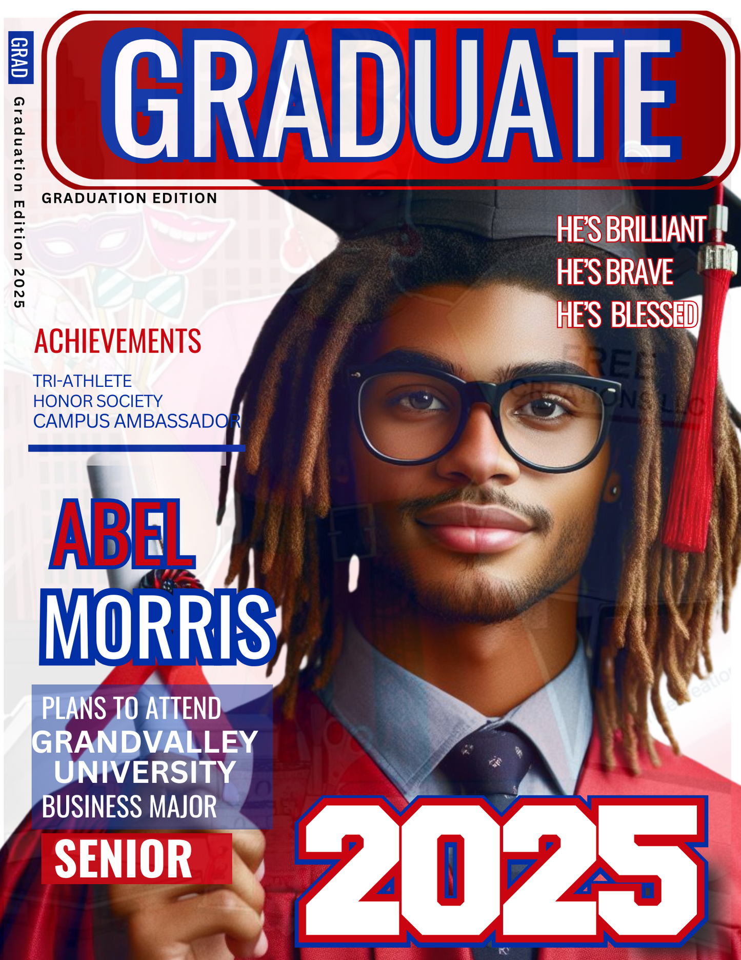 Red & Blue Graduation Magazine Cover| FREE Creations LLC