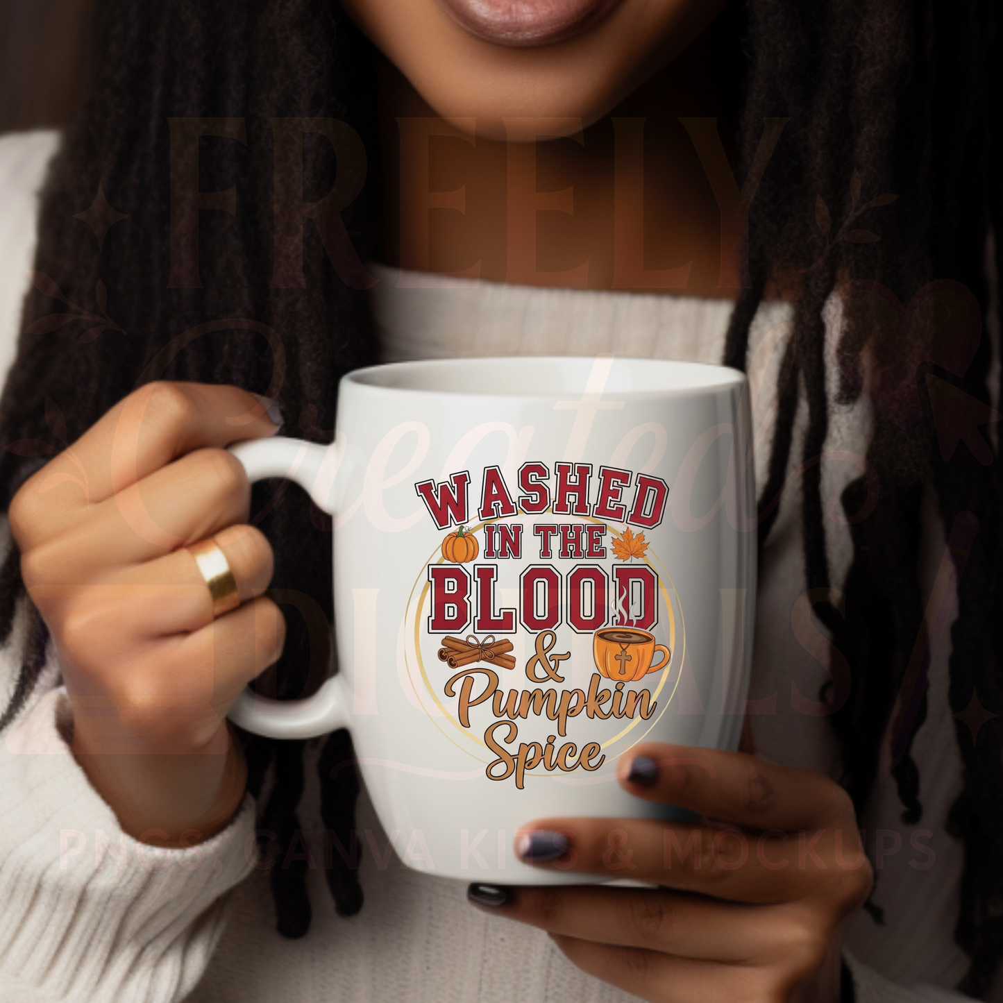 “Washed in the Blood and Pumpkin Spice PNG digital download — Christian fall design for t-shirts, mugs, and sublimation projects.”