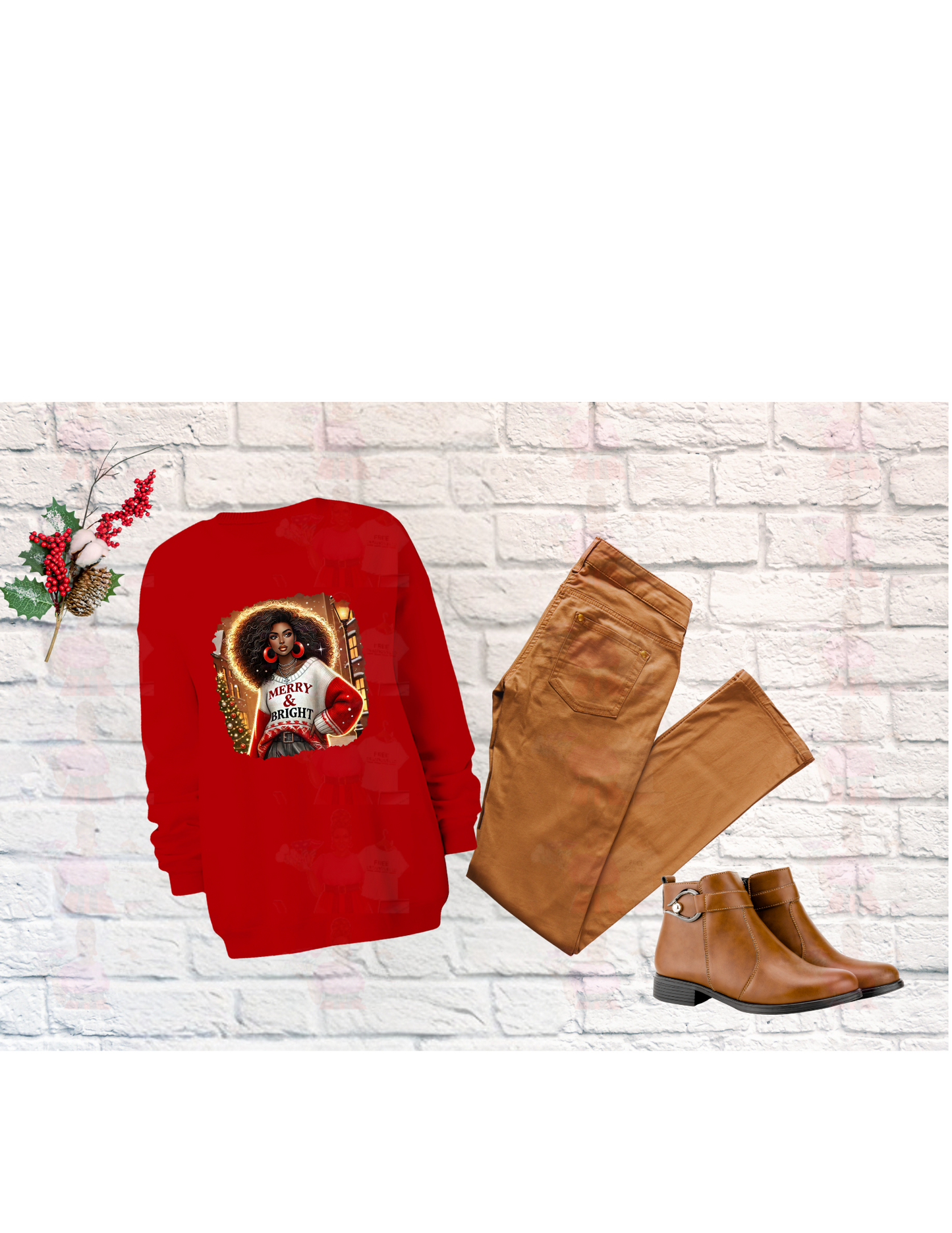 Merry & Bright African American Woman PNG - Festive Sublimation Design for Holiday Apparel & Crafts