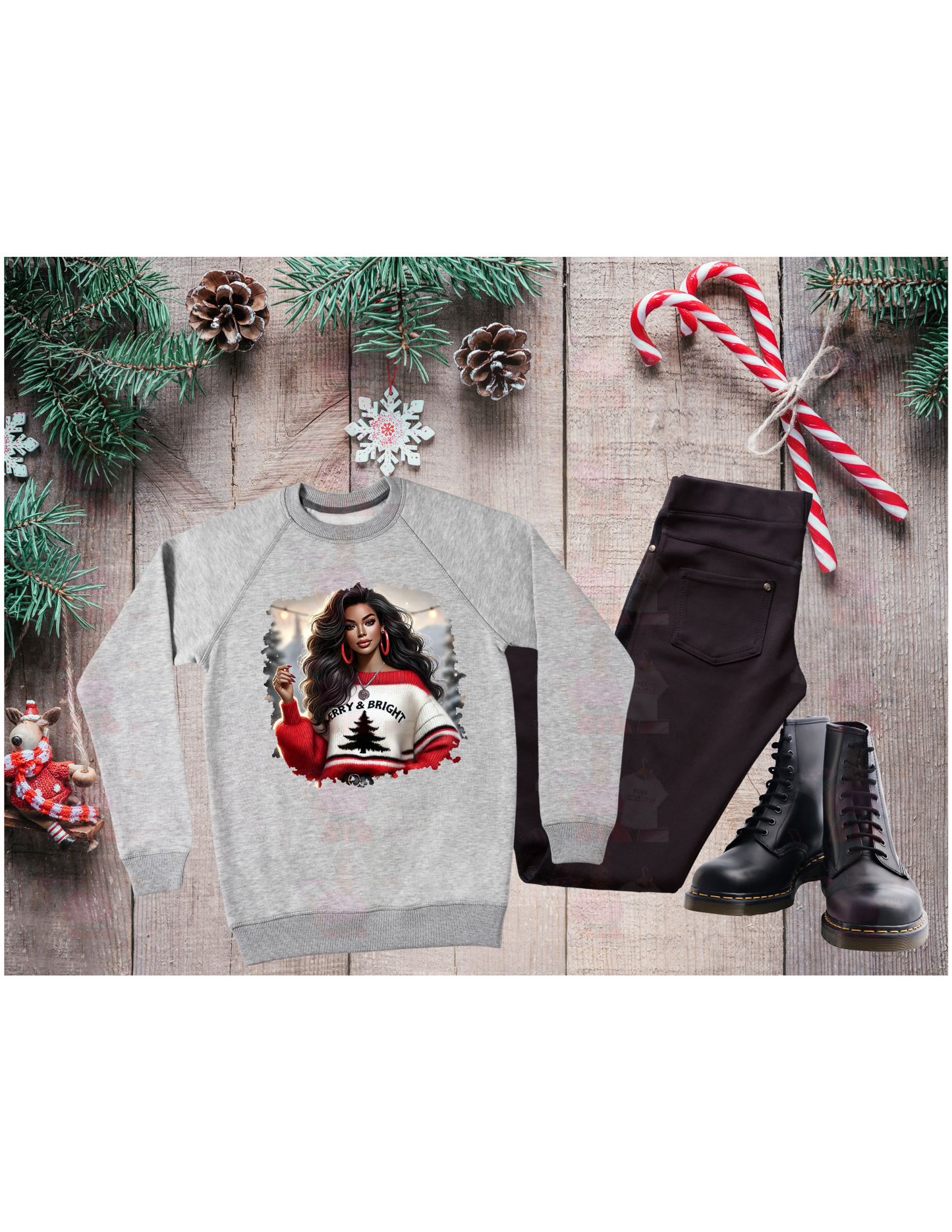 Merry & Bright Latina Woman PNG - Festive Holiday Sublimation Design for Apparel & Crafts