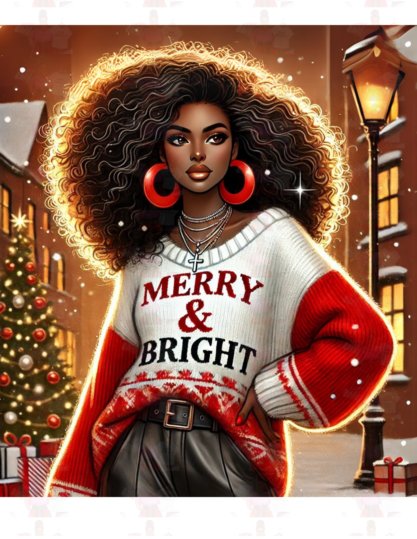 Merry & Bright African American Woman PNG - Festive Sublimation Design for Holiday Apparel & Crafts