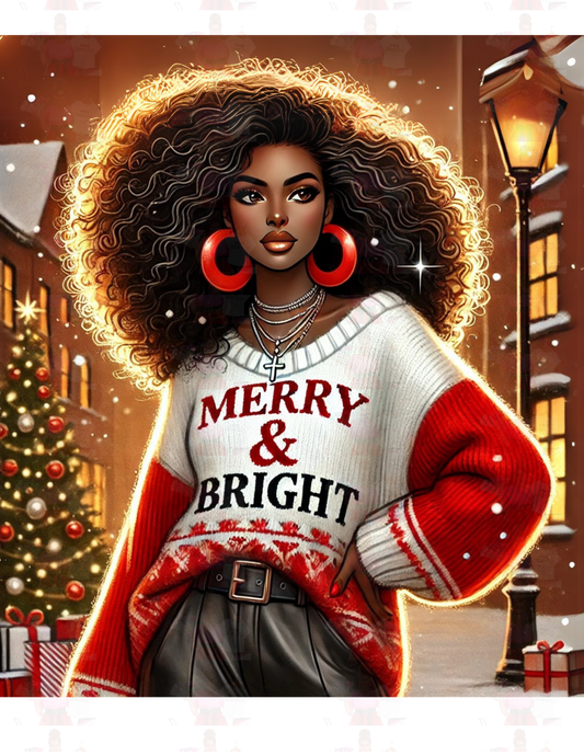 Merry & Bright African American Woman PNG - Festive Sublimation Design for Holiday Apparel & Crafts