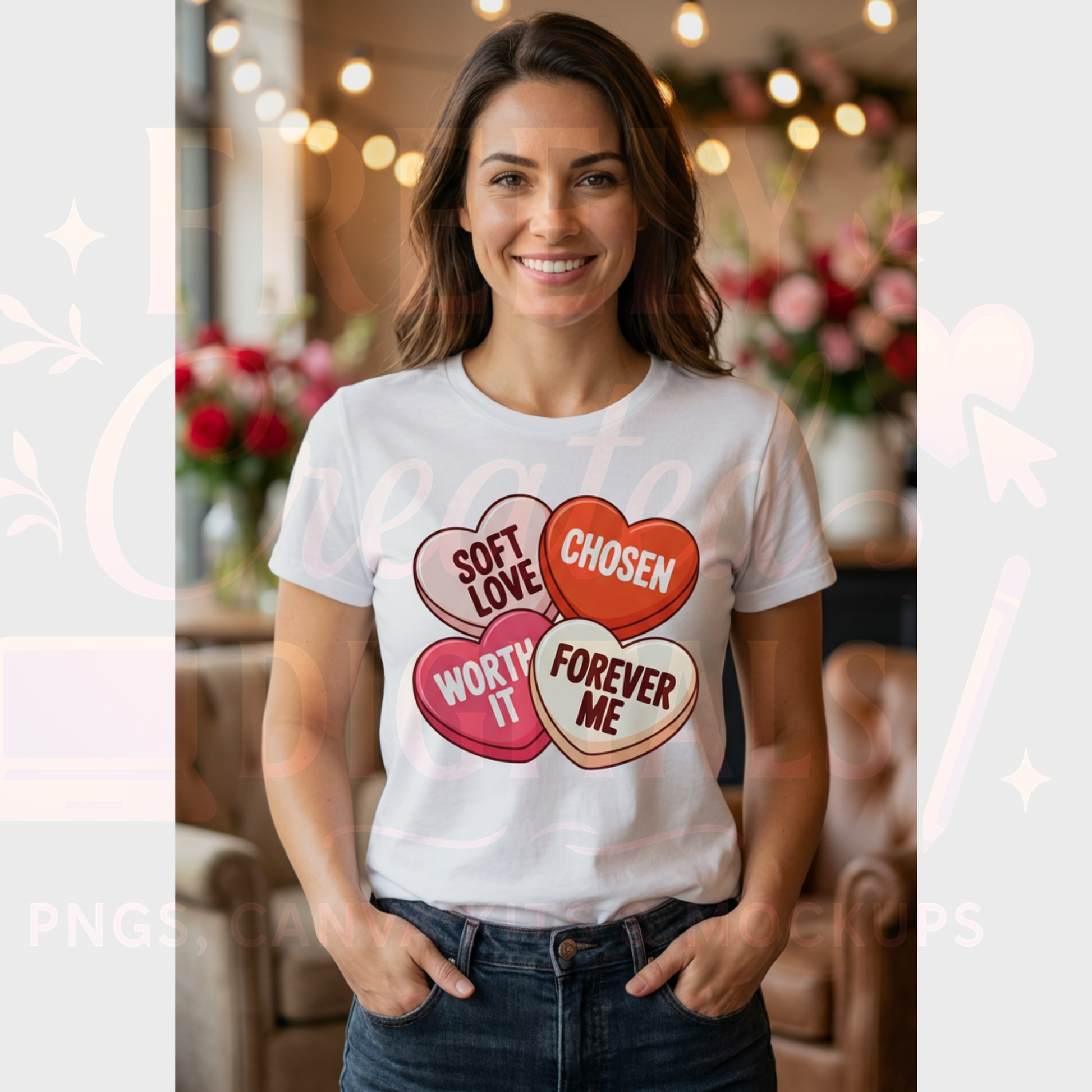 Woman wearing a white t-shirt with colorful text and hearts in a cozy indoor setting.