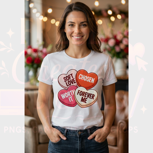 Woman wearing a white t-shirt with colorful text and hearts in a cozy indoor setting.