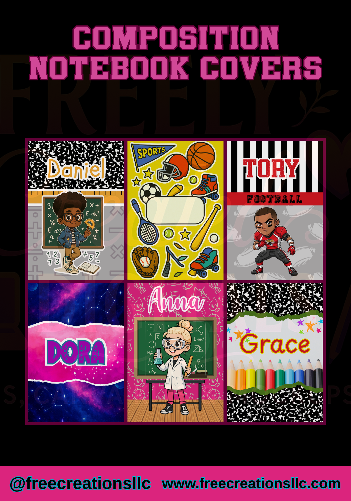 Collage of personalized notebook covers with cartoon characters and names on a dark background.