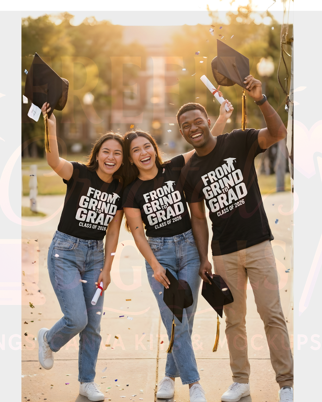 Three graduates in matching 'From Grind to Grad' shirts celebrating outdoors.