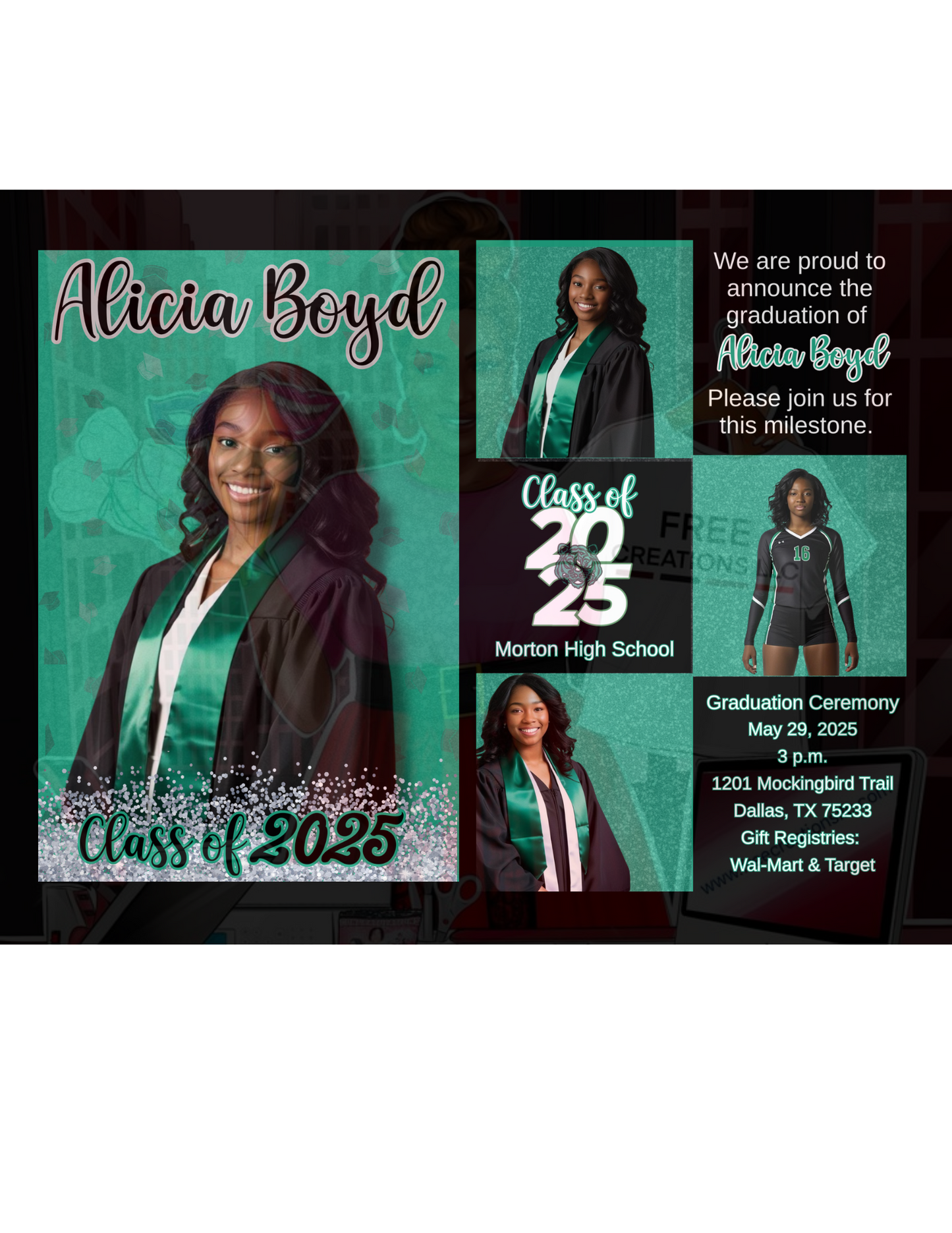 Editable graduation invitation designed with a green and black color scheme, featuring a gradient background and multiple images of a graduate in graduation attire.