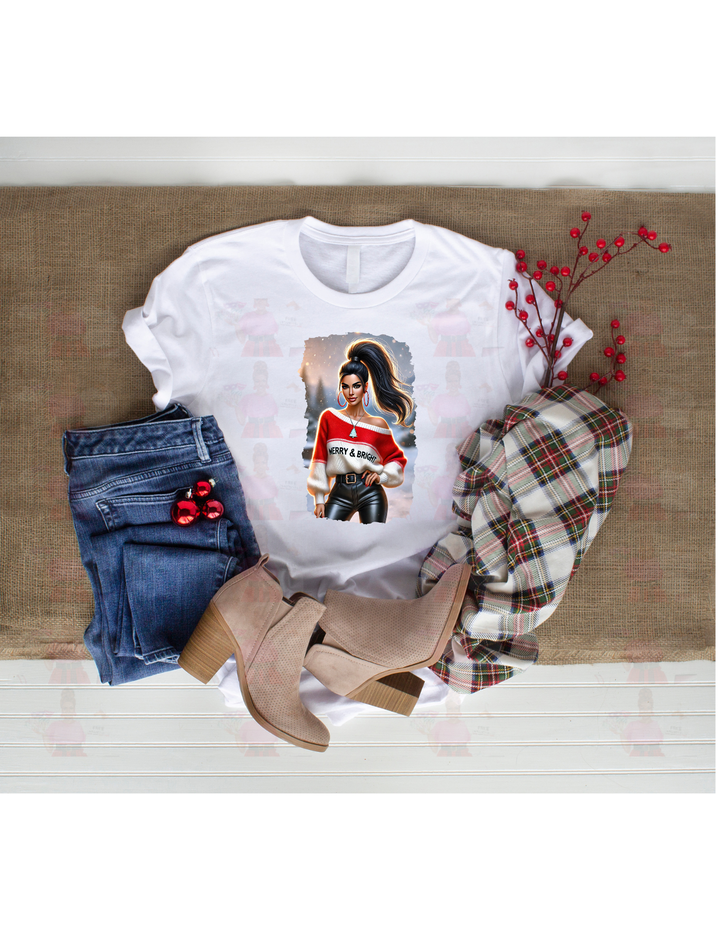 Merry & Bright Caucasian American Woman PNG - Festive Sublimation Design for Holiday Apparel & Crafts