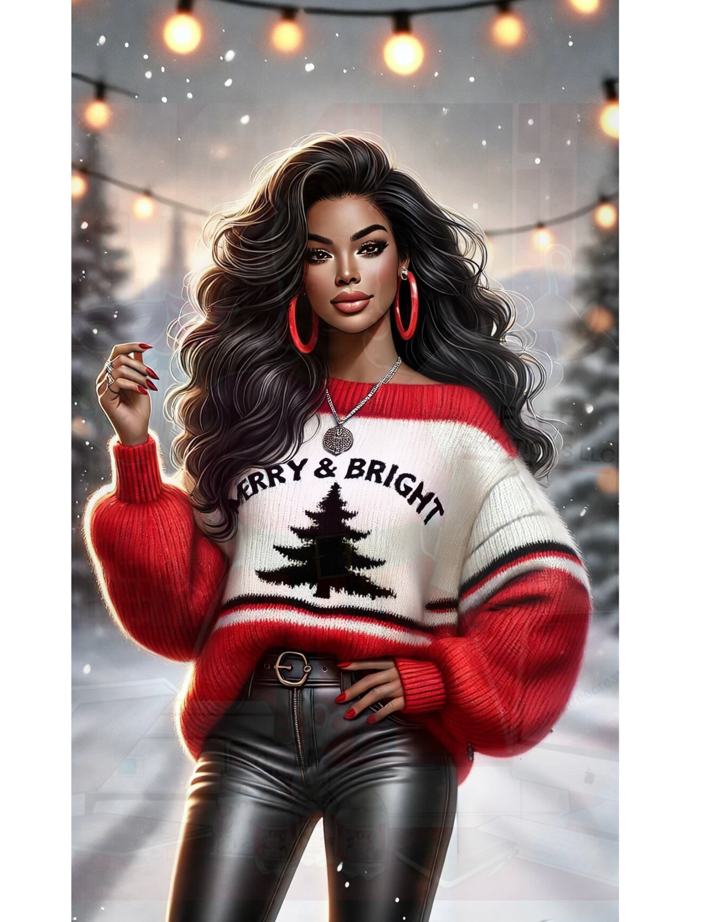 Merry & Bright Latina Woman PNG - Festive Holiday Sublimation Design for Apparel & Crafts