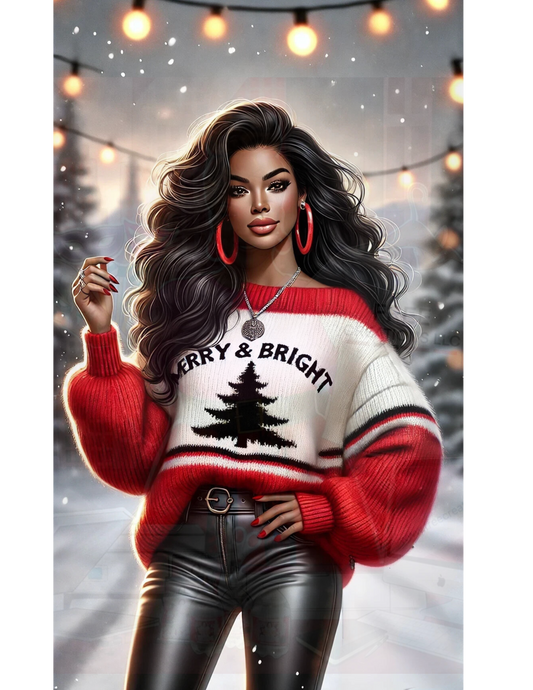 Merry & Bright Latina Woman PNG - Festive Holiday Sublimation Design for Apparel & Crafts