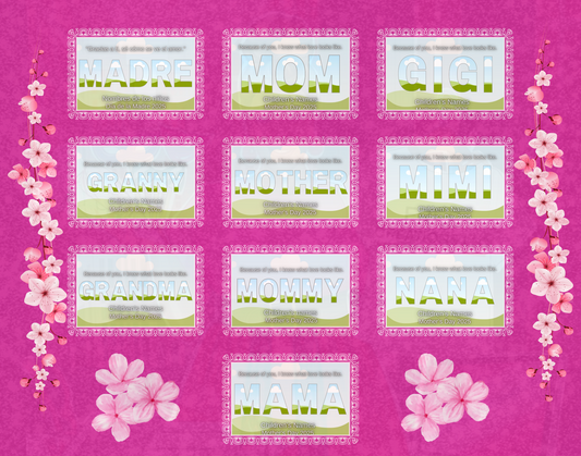 A collection of customizable picture frames with a floral pattern and the word 'MOM' highlighted in each frame, set against a pink background.
