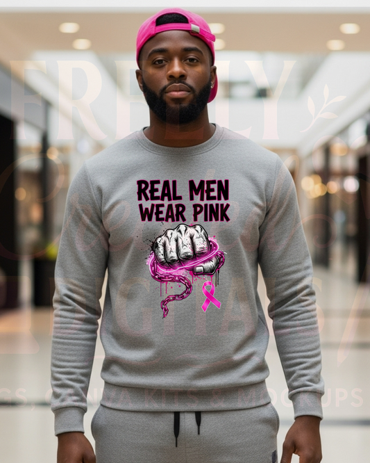 Man wearing a gray sweatshirt with 'Real Men Wear Pink' graphic in a mall setting