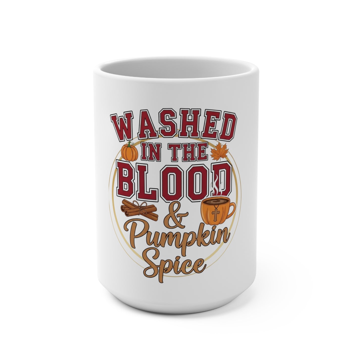 White mug with autumn-themed text and graphics on a white background