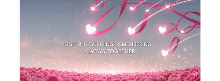 Breast Cancer Awareness Facebook Cover Image with pink ribbon and empowering design — honoring survivors, fighters, and loved ones. Designed by FREE Creations LLC.